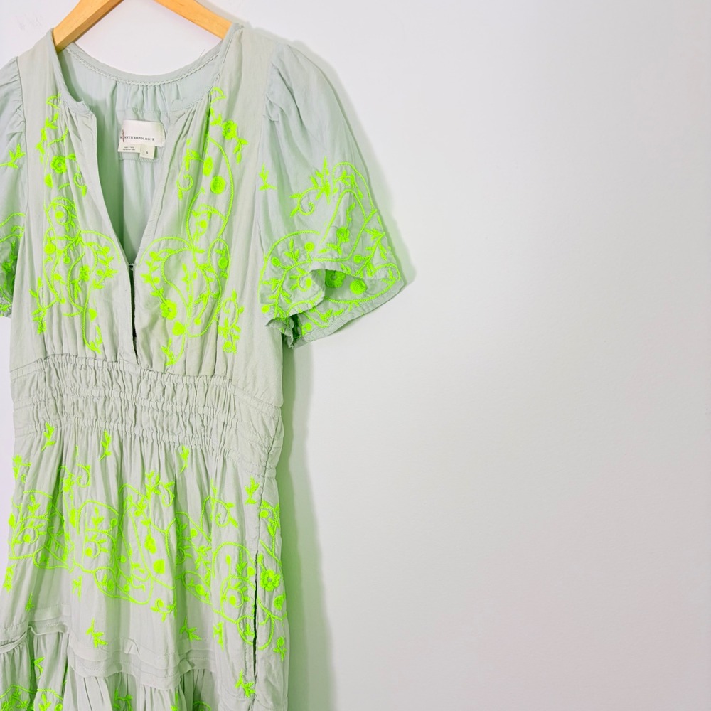 Anthropologie Somerset Mini Dress Embroidered Linen Mint Green Neon Floral Sz S - Picture 4 of 9